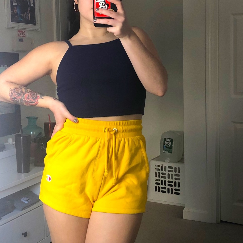 Yellow high wasted Champion reverse weave shorts